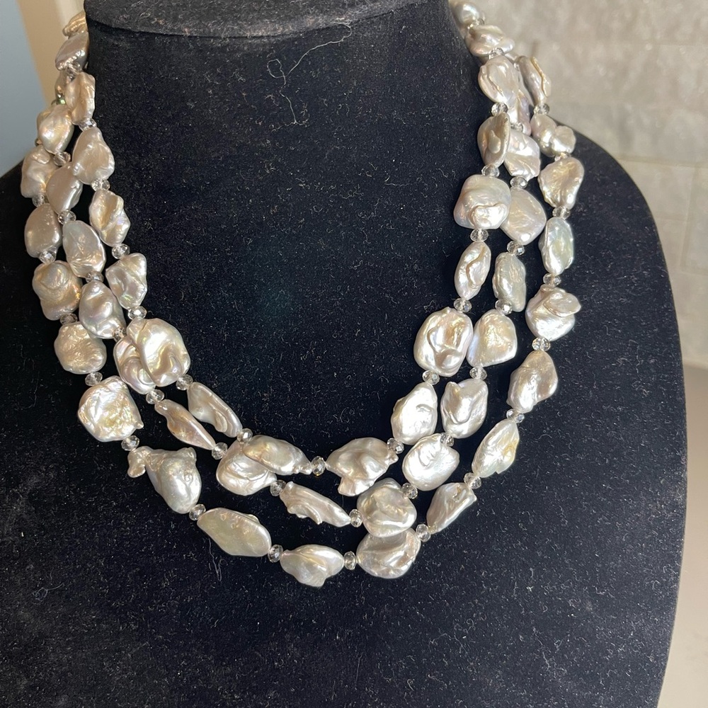 SILVER 3-STRAND KESHI PEARL AND CRYSTAL NECKLACE